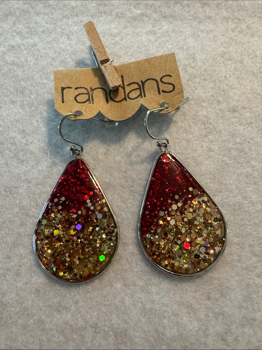 Randans Red and Gold Glitter Teardrop Dangle Earrings